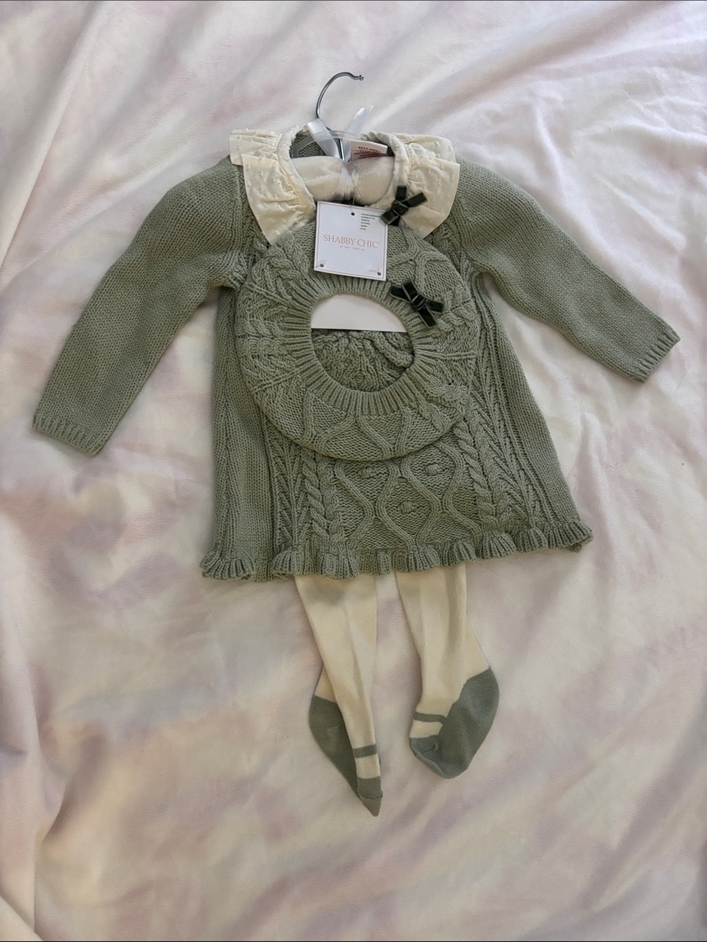 Shabby Chic Sage Knit Dress Set with Cream Collar & Tights